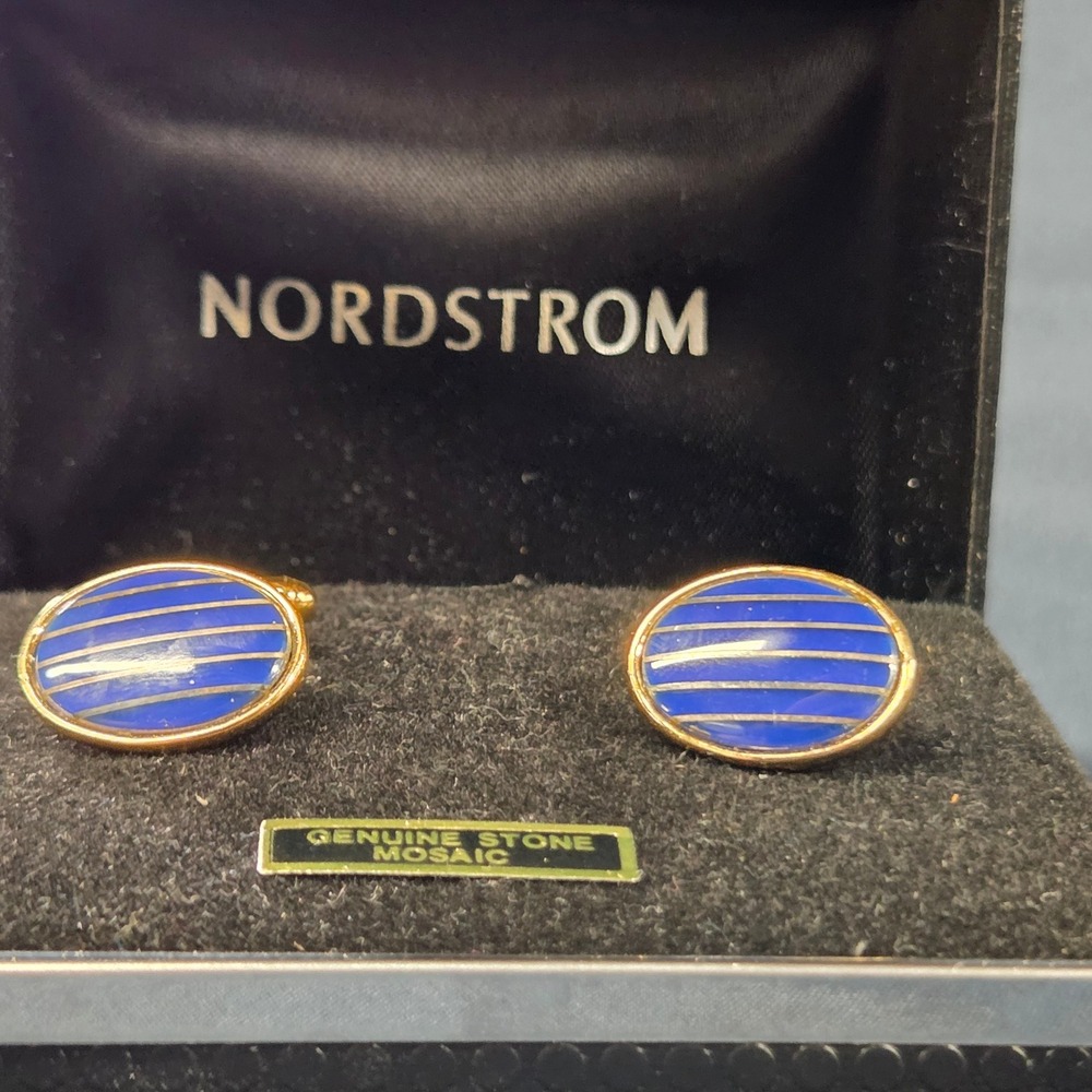 Nordstrom Genuine Stone Mosaic Cufflinks Blue Gold Tone Oval Striped Vintage Box